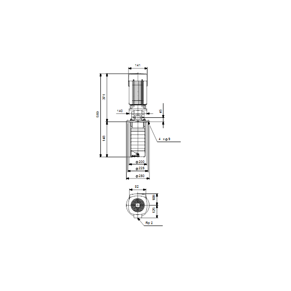 Полупогружной насос Grundfos MTR 10-2/1 A-W-I-HUUV артикул 96520127 – габаритный чертеж