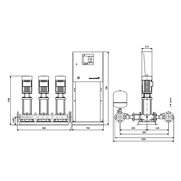 Насосная станция Grundfos HYDRO MPC-S 3 CR 15-7 артикул 95044766 – габаритный чертеж